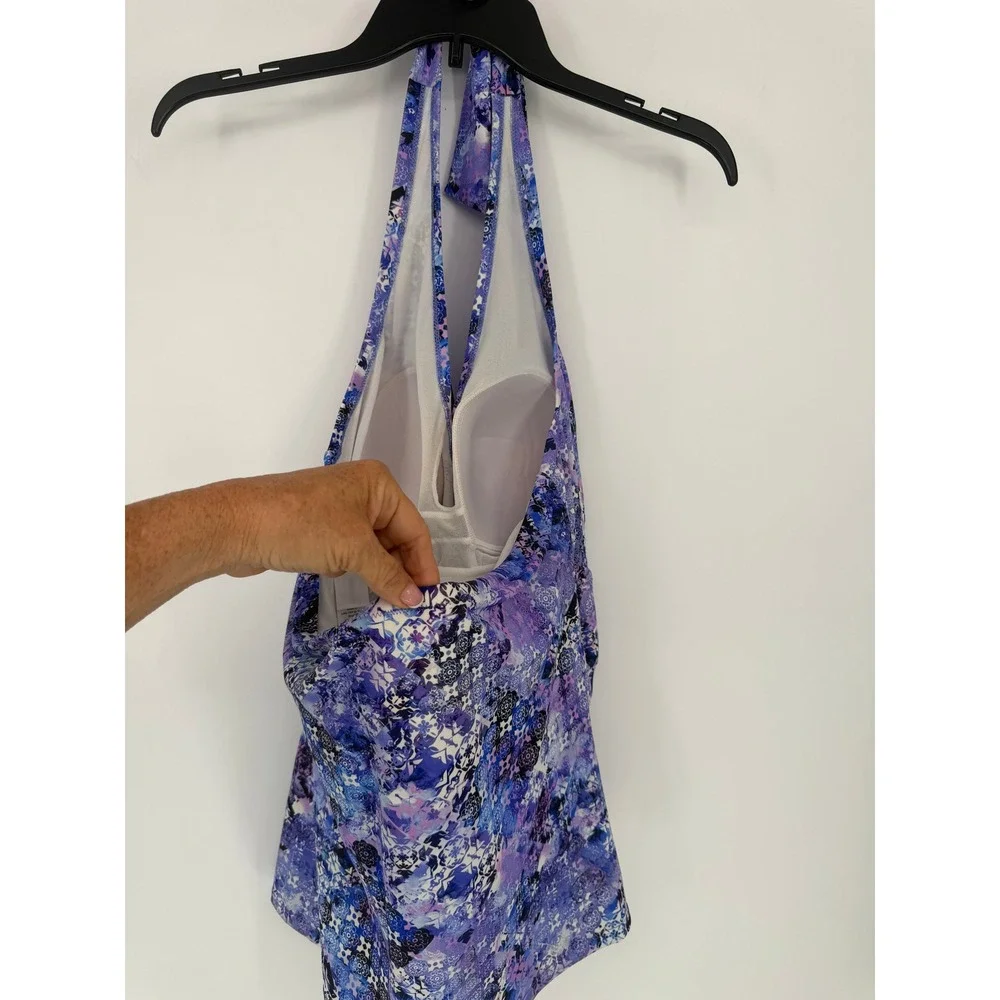 Swimsuits For All Purple Mosaic Floral Halter Tankini Top Size 20